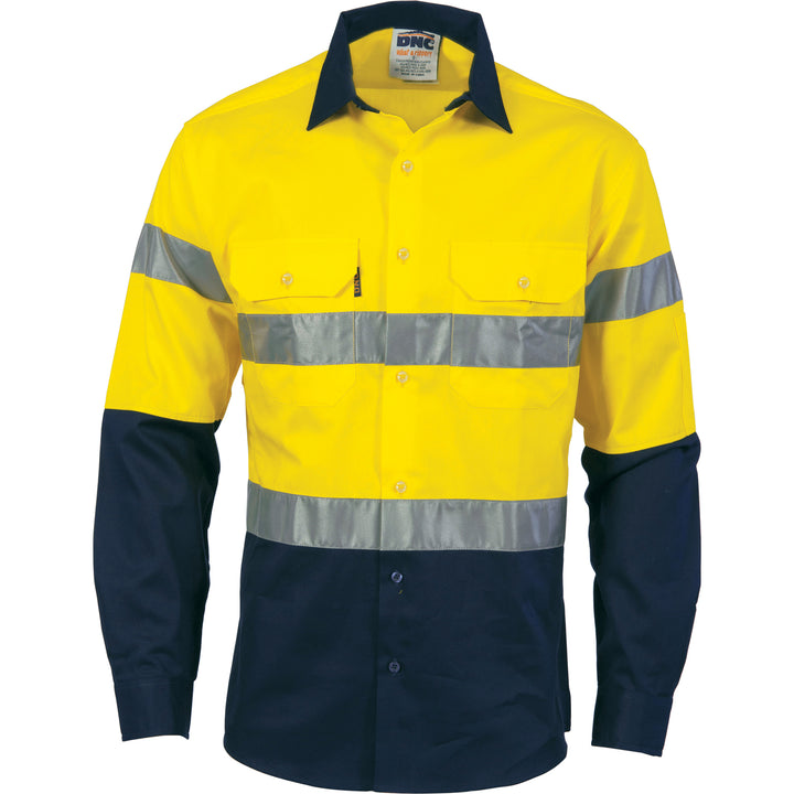 HiVis Cool-Breeze Cotton Shirt with CSR R/Tape - Long Sleeve - Yellow/Navy