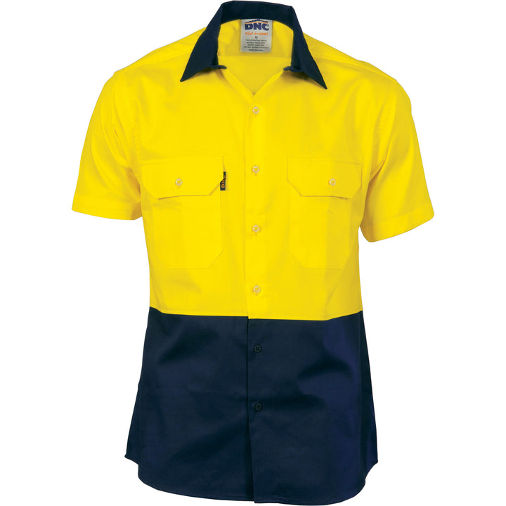 HiVis Two Tone Cotton Drill Vented Shirt - Short Sleeve - Yellow/Navy