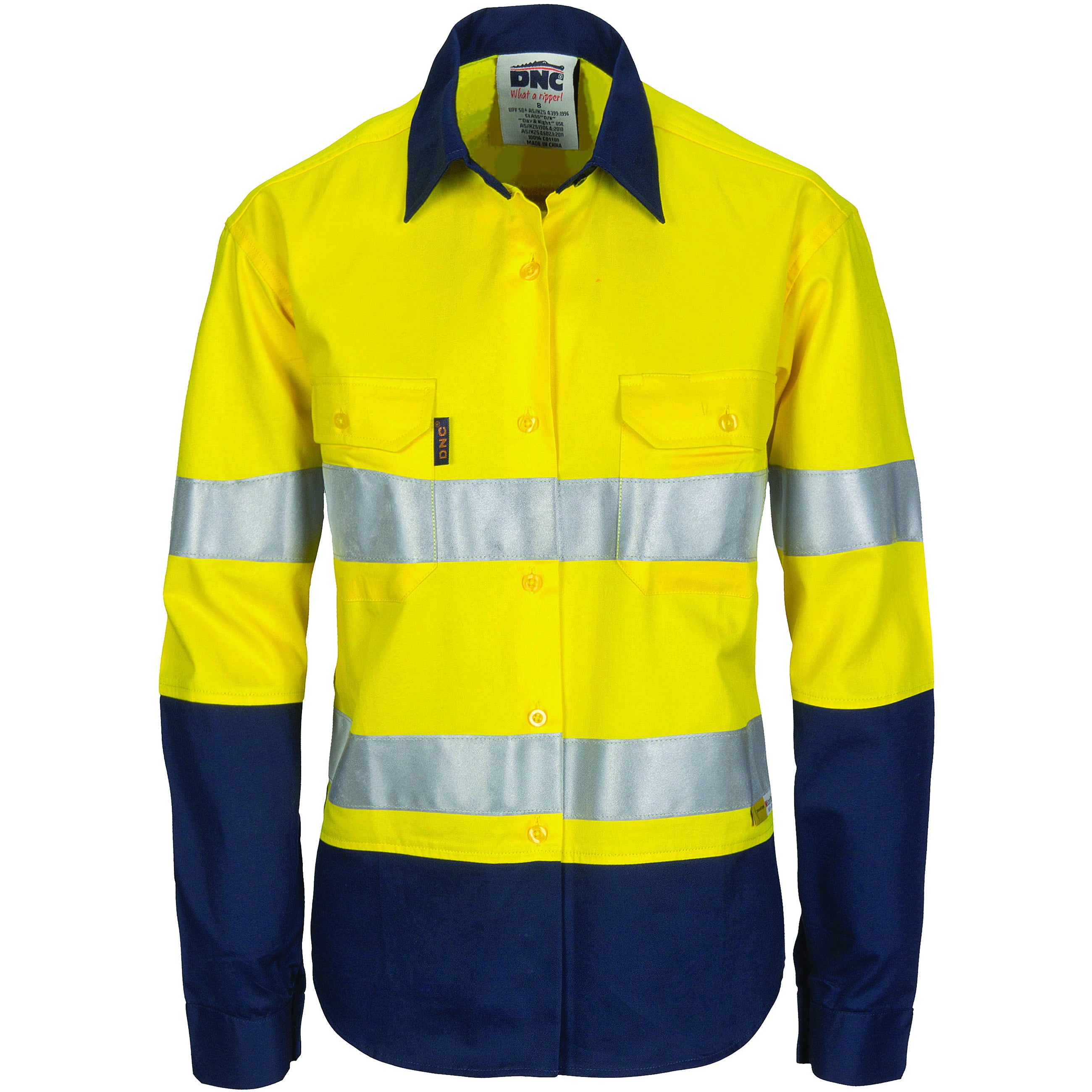 Ladies HiVis Two Tone Cool-Breeze Cotton Shirt with 3M R/Tape - Long Sleeve - Yellow/Navy