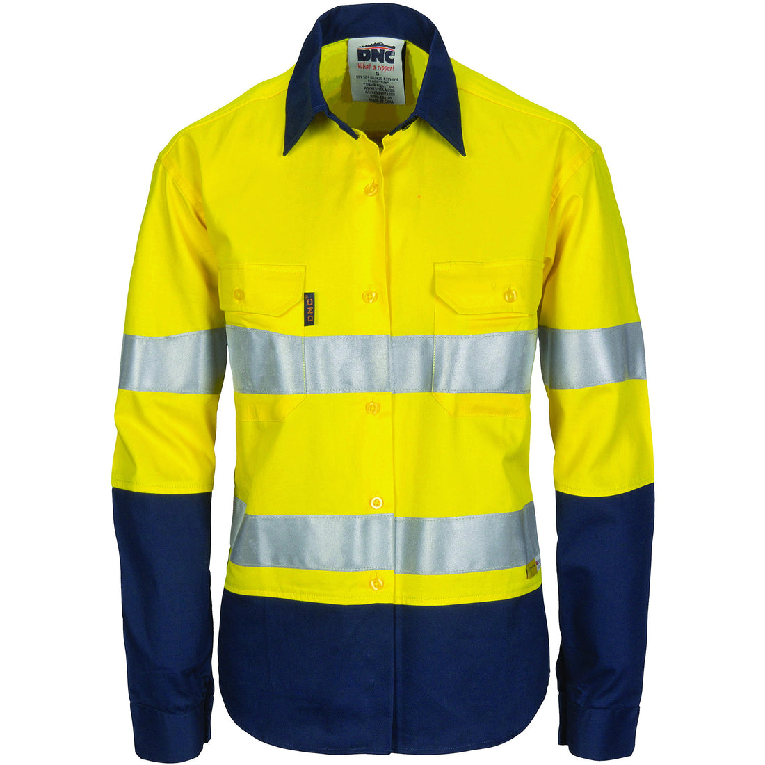 Ladies HiVis Two Tone Cool-Breeze Cotton Shirt with 3M R/Tape - Long Sleeve - Yellow/Navy