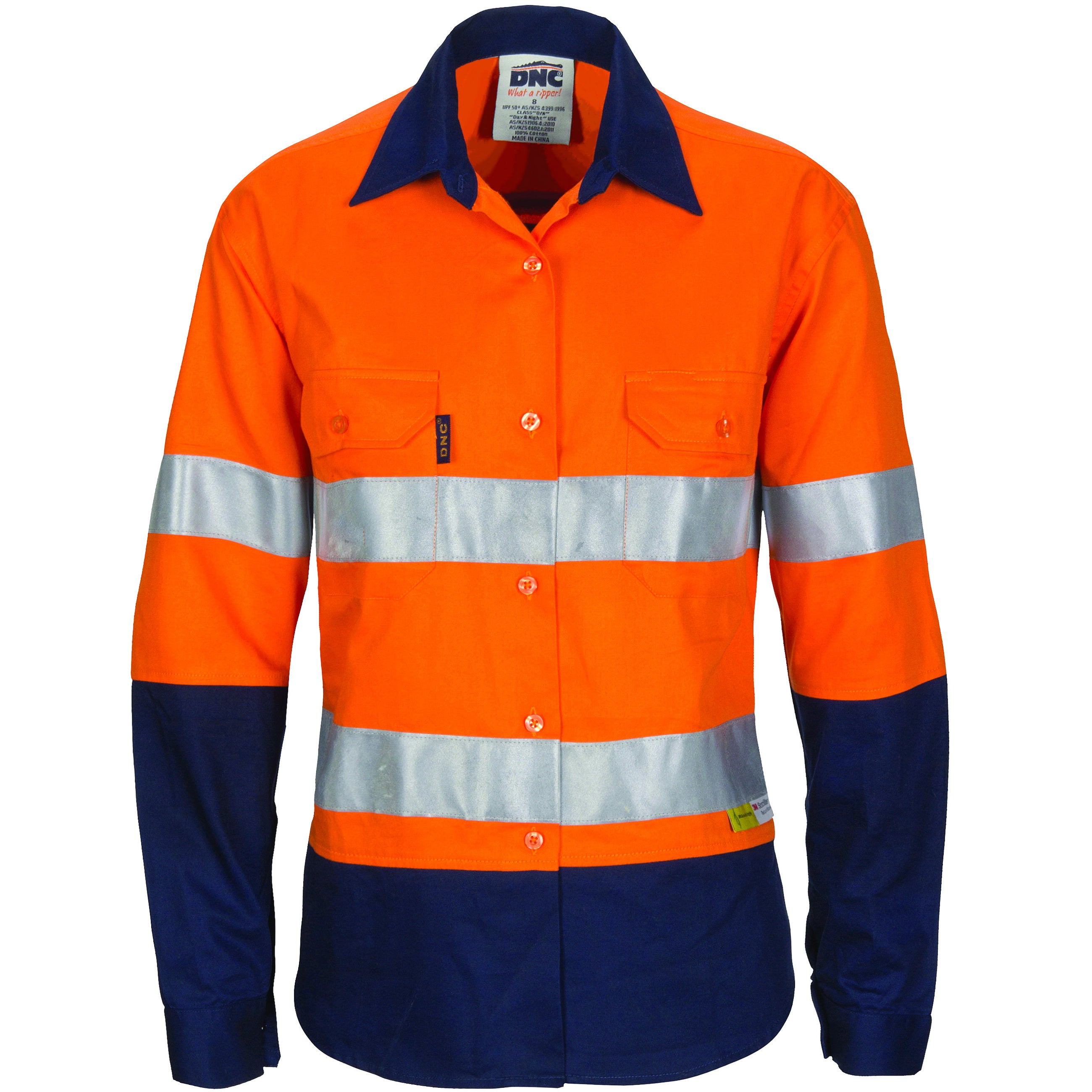 Ladies HiVis Two Tone Cool-Breeze Cotton Shirt with 3M R/Tape - Long Sleeve - Orange/Navy