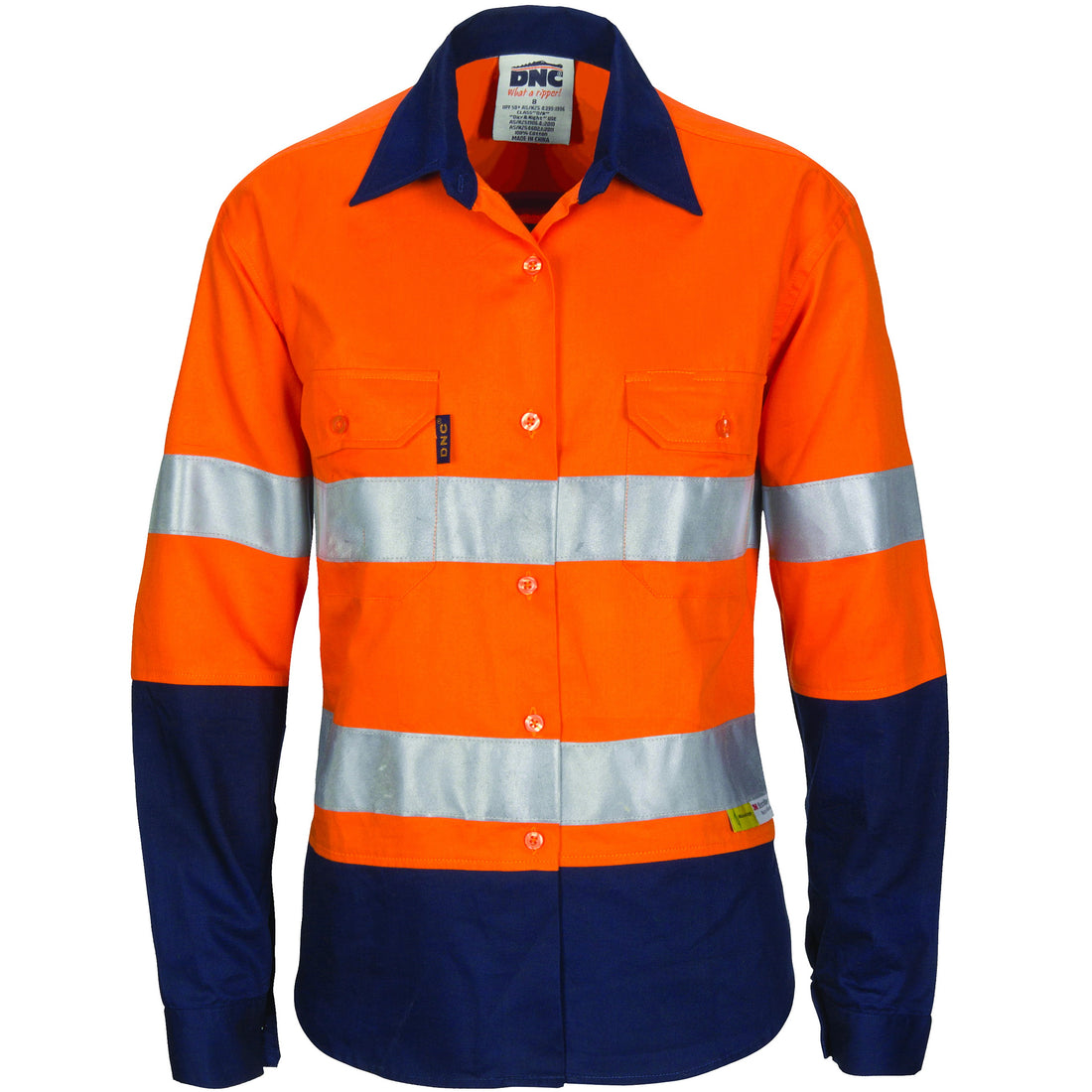 Ladies HiVis Two Tone Cool-Breeze Cotton Shirt with 3M R/Tape - Long Sleeve - Orange/Navy