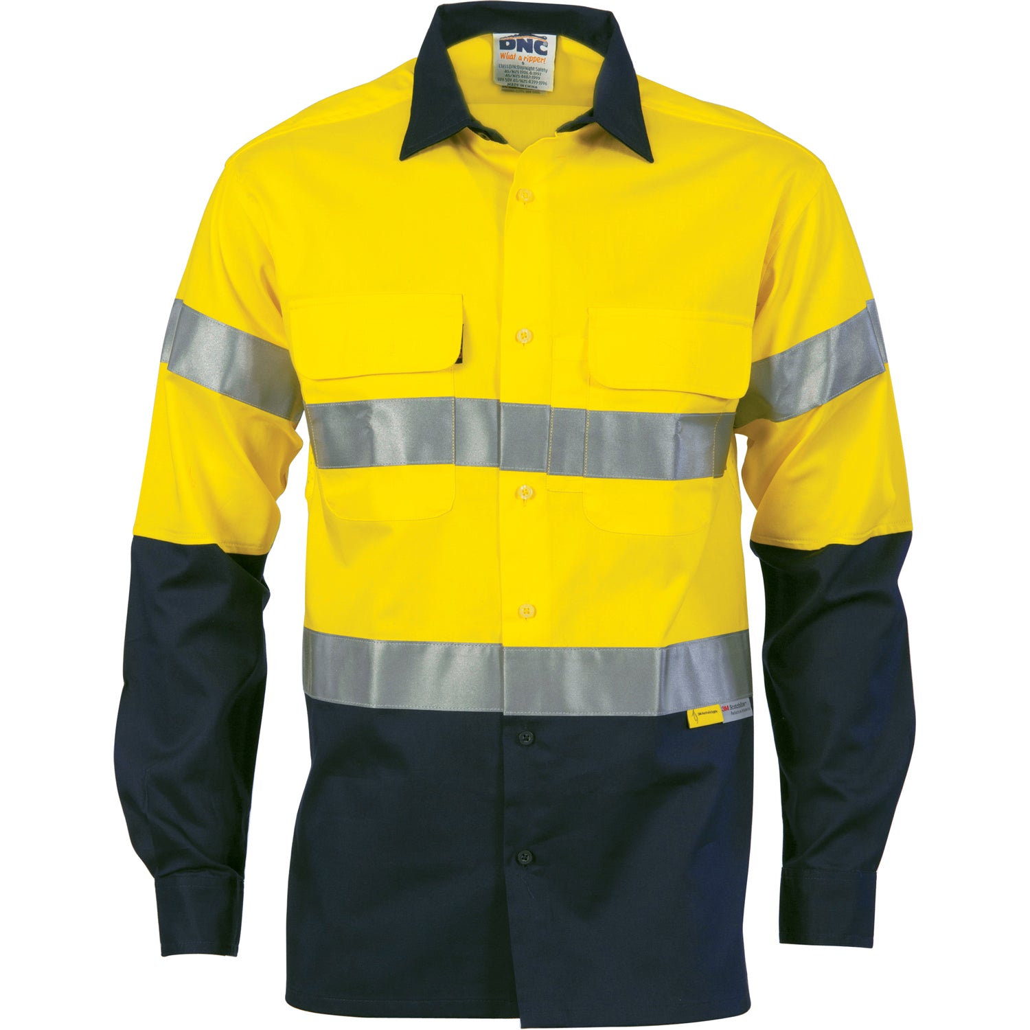 HiVis Cool-Breeze Cotton Shirt with 3M 8906 R/Tape - Long Sleeve - Yellow/Navy