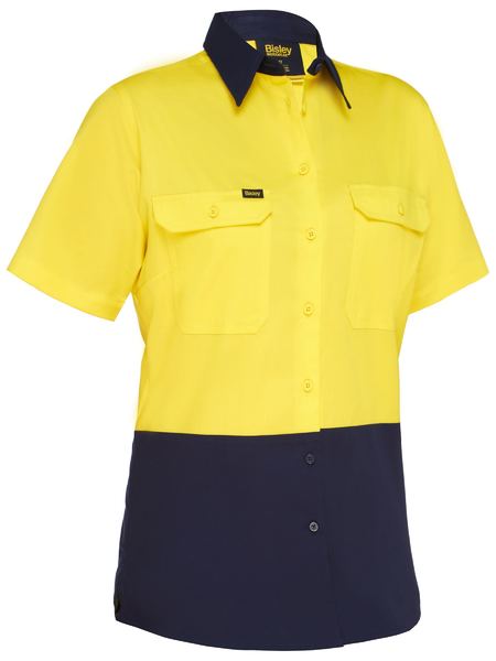 Bisley Women's Cool Lightweight Hi Vis Drill Shirt BL1895 - Yellow/Navy front