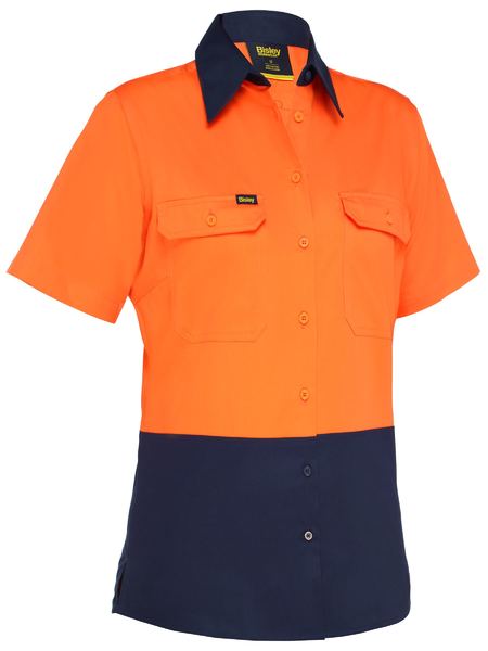 Bisley Women's Cool Lightweight Hi Vis Drill Shirt BL1895 - Orange/Navy front