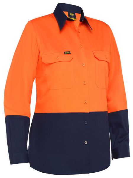 Bisley Women's Cool Lightweight Hi Vis Drill Shirt BL6895 - Orange/Navy front