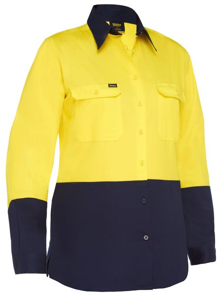 Bisley Women's Cool Lightweight Hi Vis Drill Shirt BL6895 - Yellow/Navy front