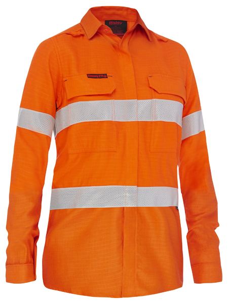 Bisley Apex 185 Women's Taped Hi Vis Ripstop FR Vented Shirt BL8439T - Orange front
