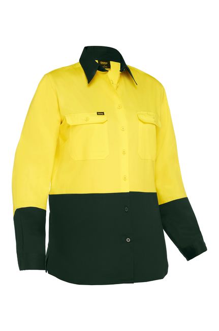 Bisley Women's Cool Lightweight Hi Vis Drill Shirt BL6895 - Yellow/Bottle front
