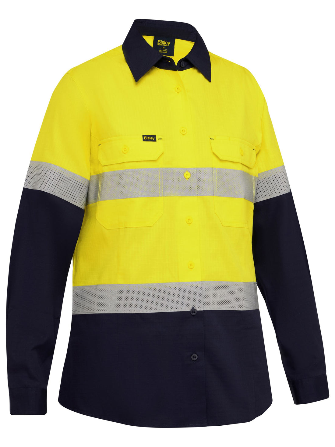 Bisley Women's Taped Hi Vis Ripstop Vented Shirt BL6495T - Yellow/Navy front