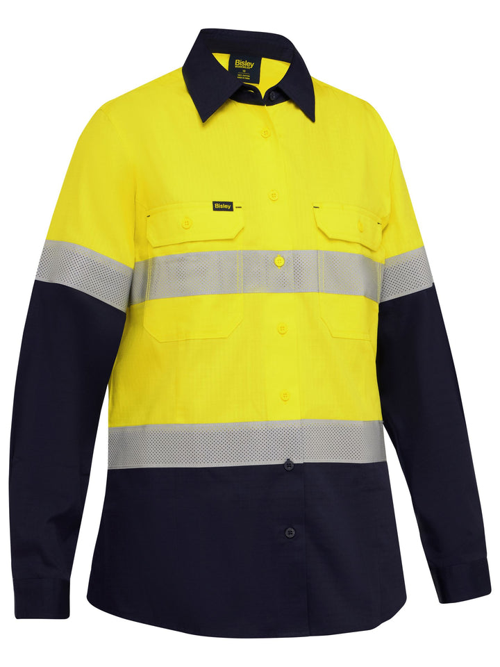 Bisley Women's Taped Hi Vis Ripstop Vented Shirt BL6495T - Yellow/Navy front