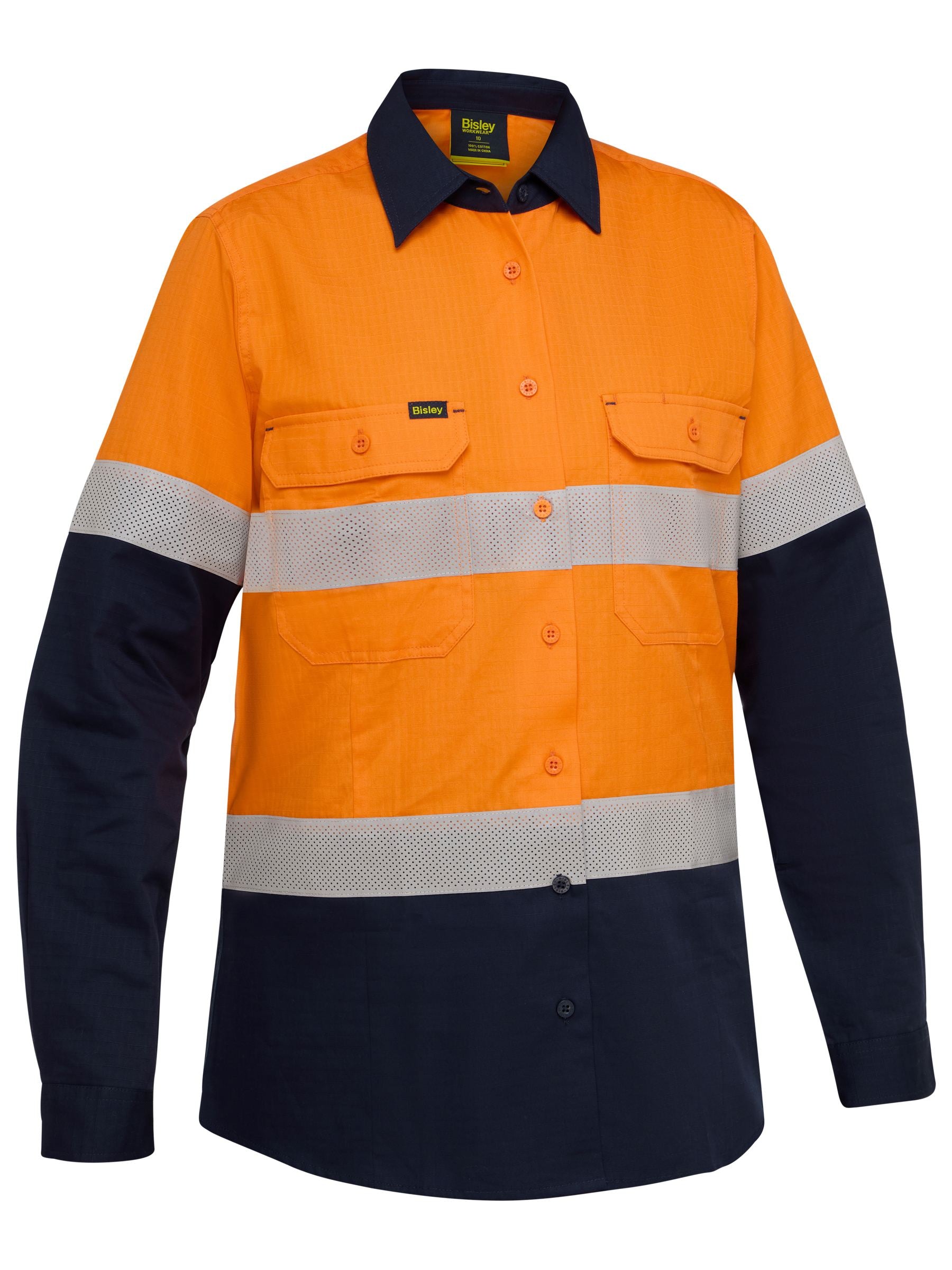 Bisley Women's Taped Hi Vis Ripstop Vented Shirt BL6495T - Orange/Navy front