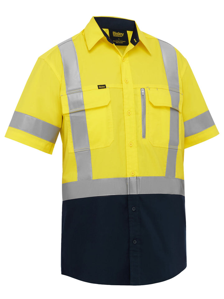 Bisley X Taped Hi Vis Stretch Cotton Shirt BS1176XT - Yellow/Navy front