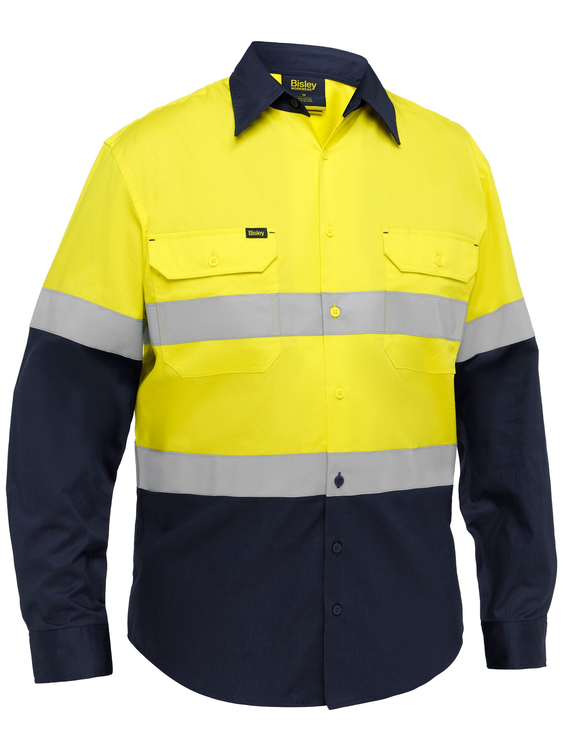 Bisley Industrial Taped Hi Vis Cool Lighweight Vented Shirt BS6390T - Yellow/Navy front
