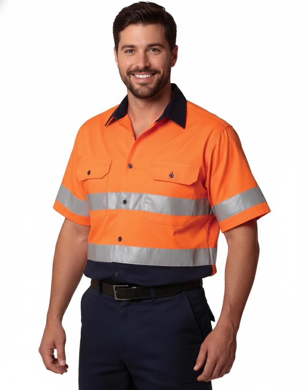 Short Sleeve Safety Shirt - Orange Navy
