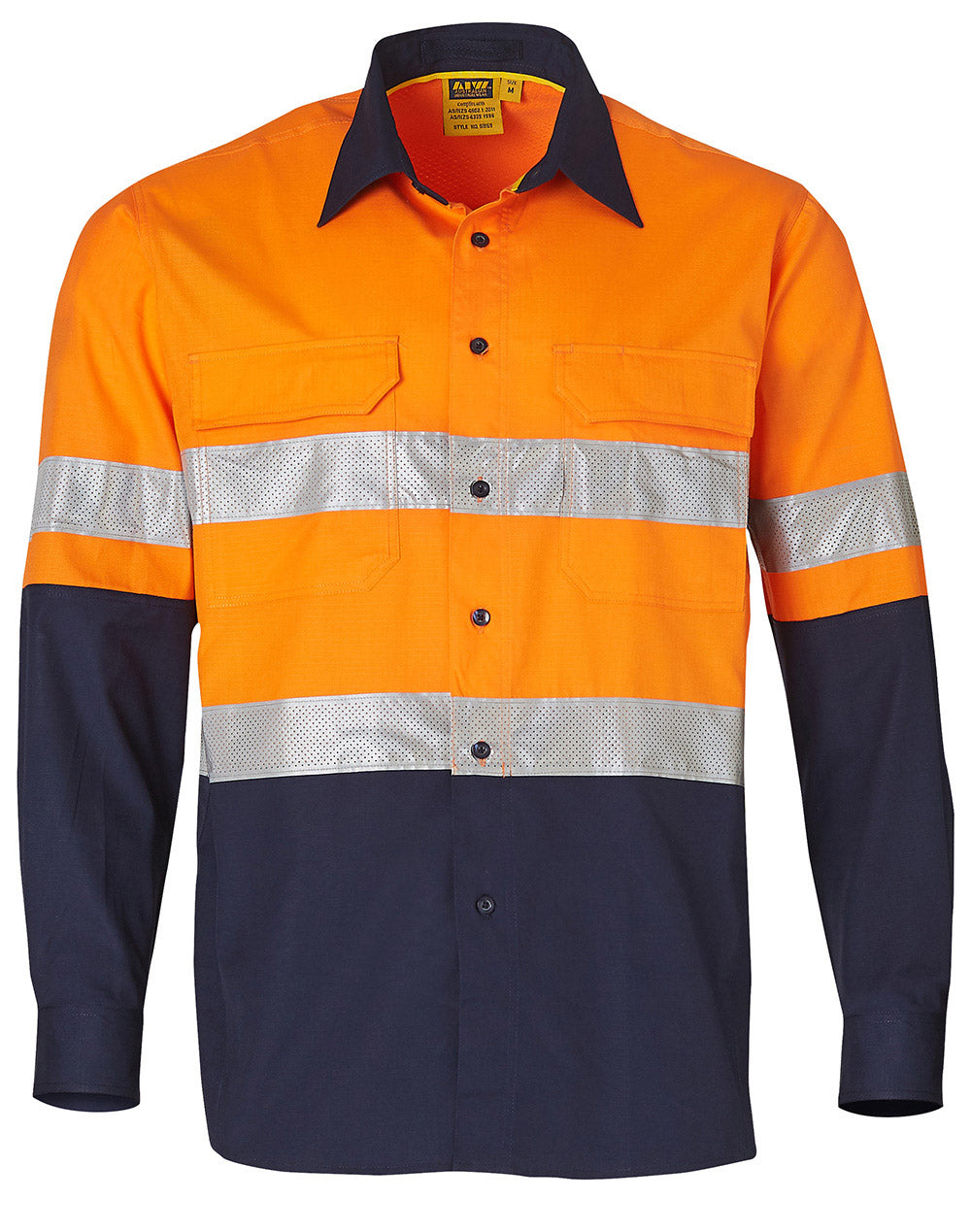 Rip-Stop Long Sleeve Safety Shirt - Orange Navy