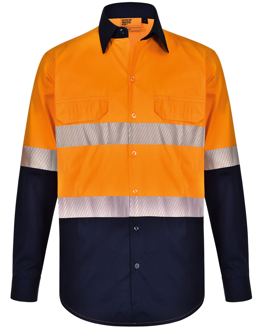 Unisex Hi Vis Cool-Breeze Safety Ls Shirt (Segmented Tape) - Orange Navy