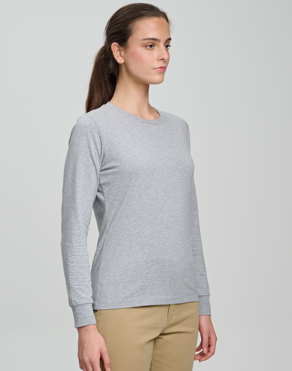 Ladies Premium Cotton Face L/S Tee - Marl Grey