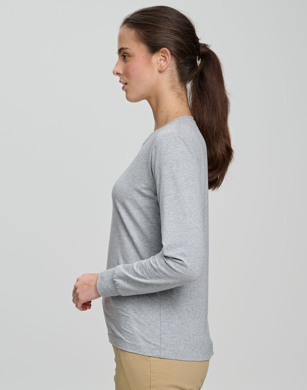 Ladies Premium Cotton Face L/S Tee - Marl Grey