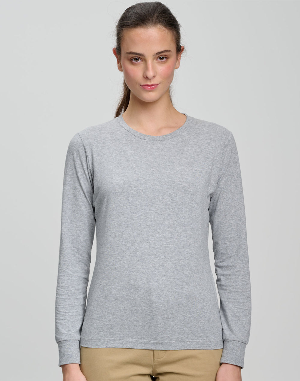 Ladies Premium Cotton Face L/S Tee - Marl Grey