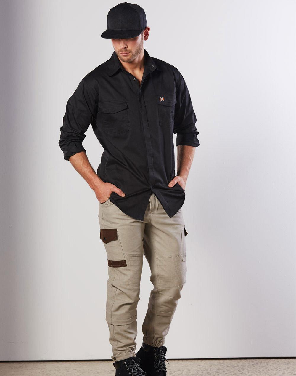 Mens Stretch Work Shirt With 2 Front Flap Pockets - Black
