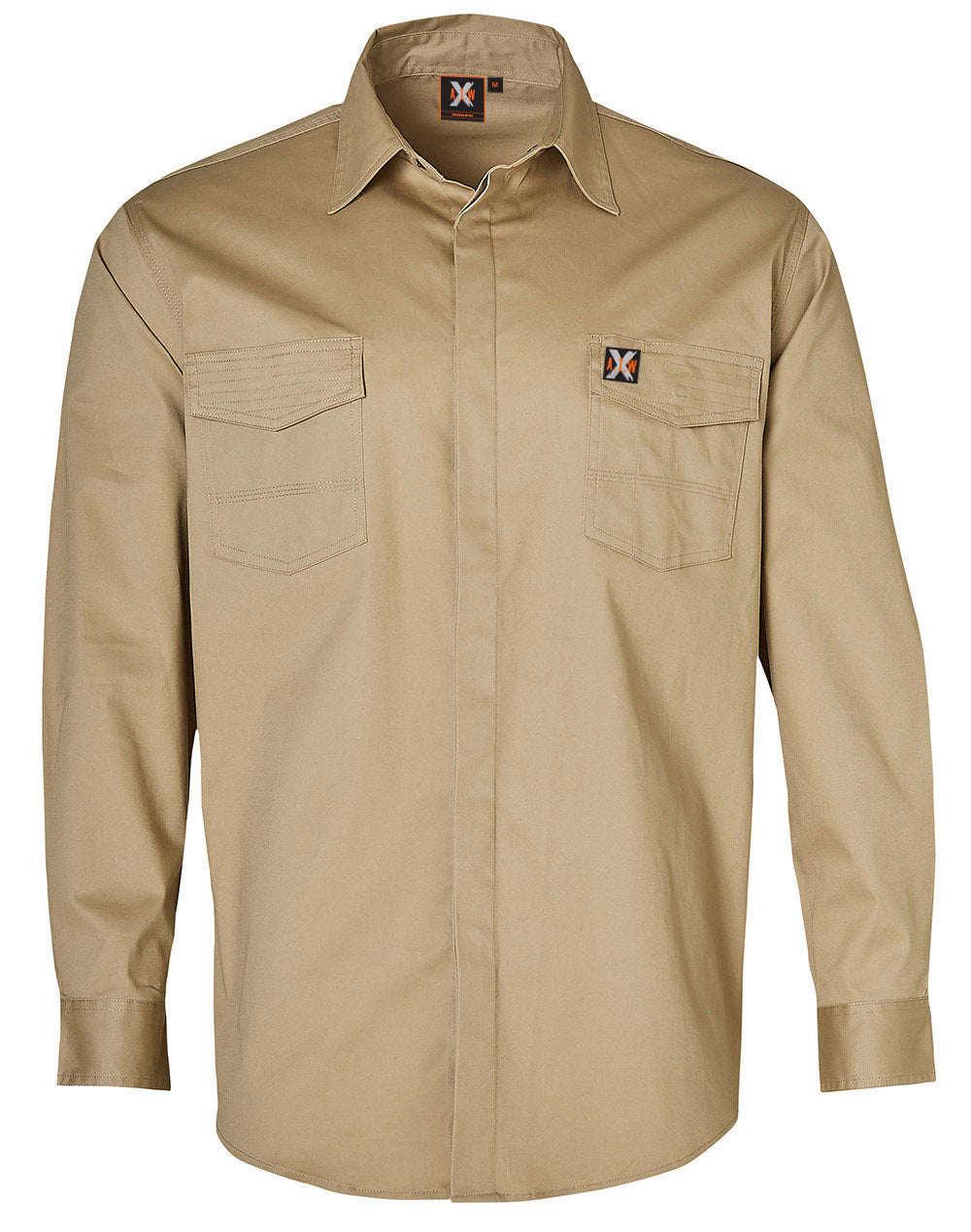 Mens Stretch Work Shirt With 2 Front Flap Pockets - Stone